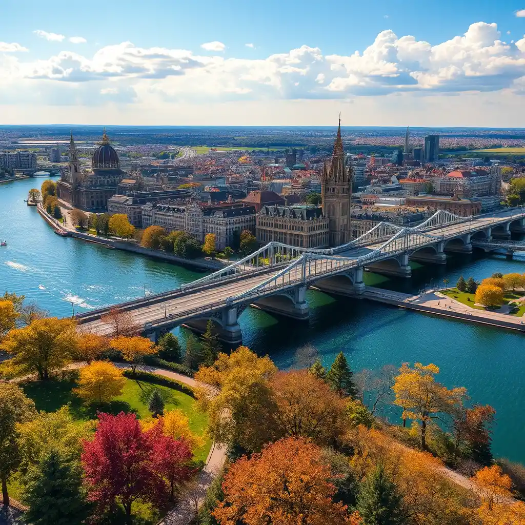 Sunlit riverside cityscape with grand historic architecture