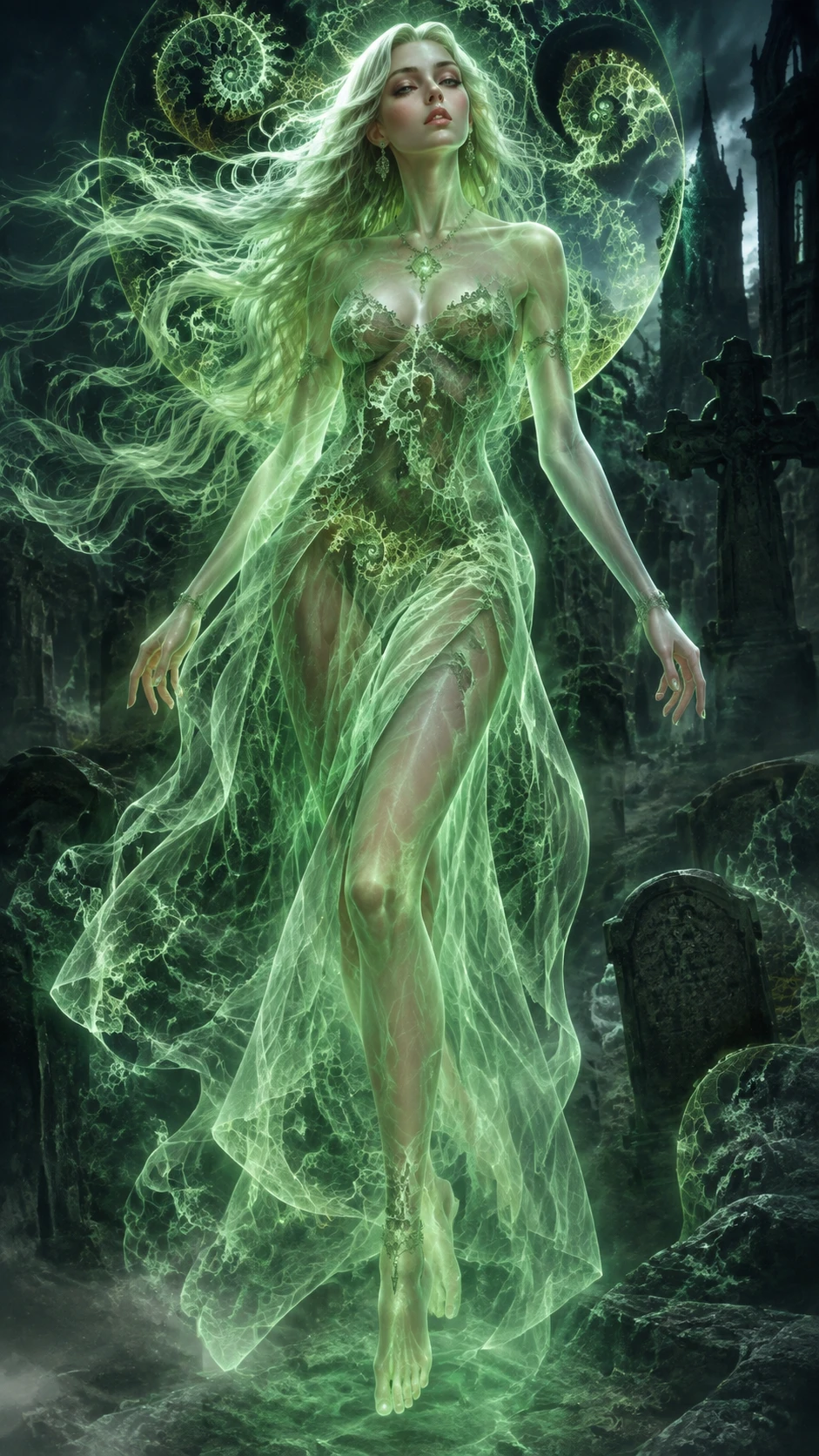 Elegante mujer fantasmal verde en un cementerio surrealista