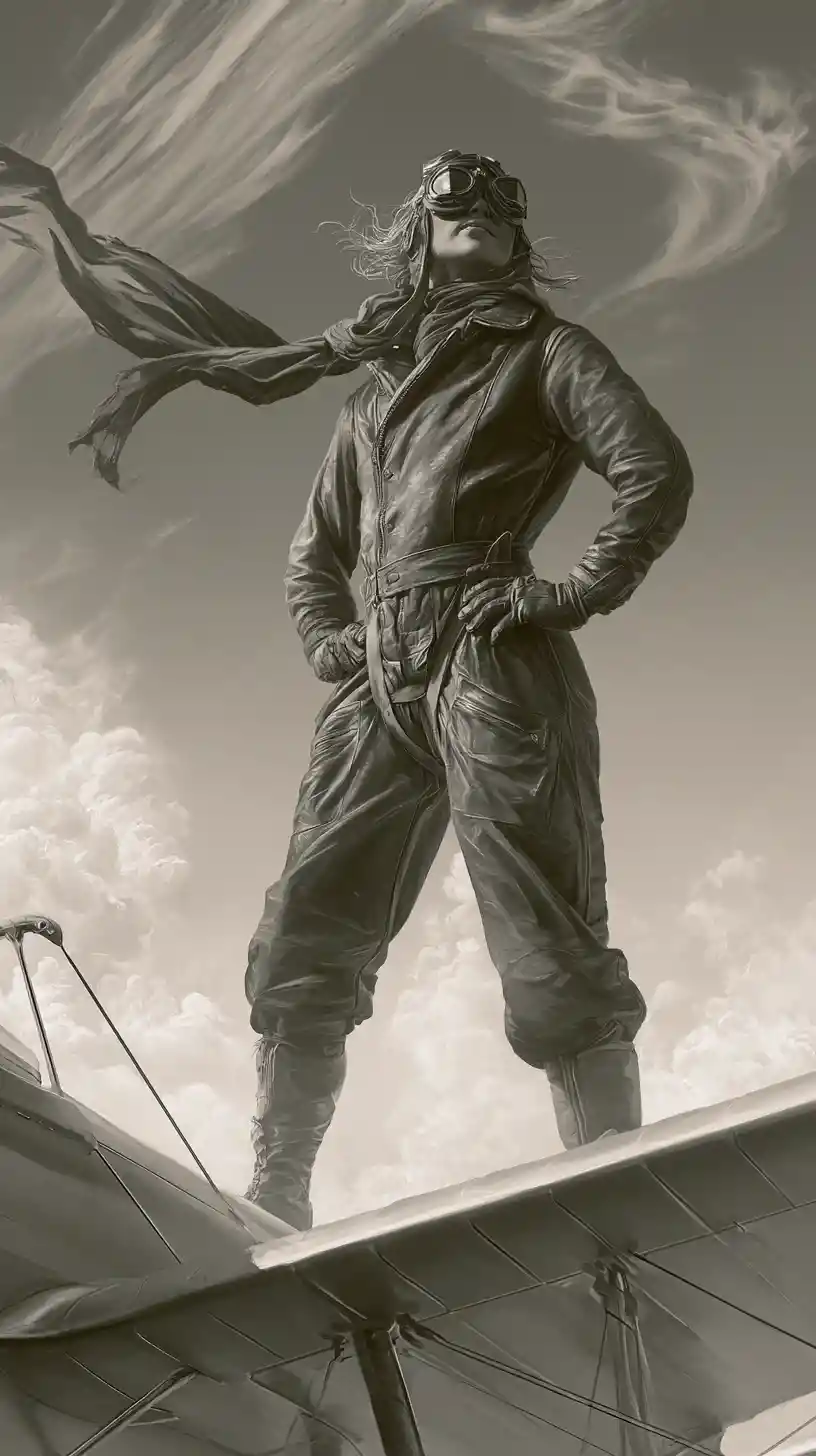 Piloto de la Primera Guerra Mundial de pie sobre el ala de un biplano