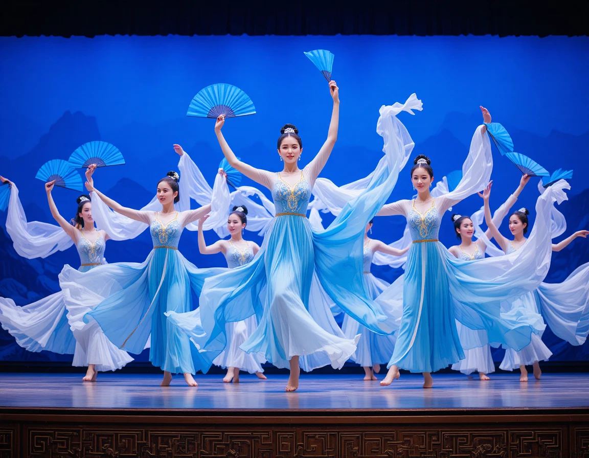 Bailarinas tradicionales chinas con abanicos azules en el escenario