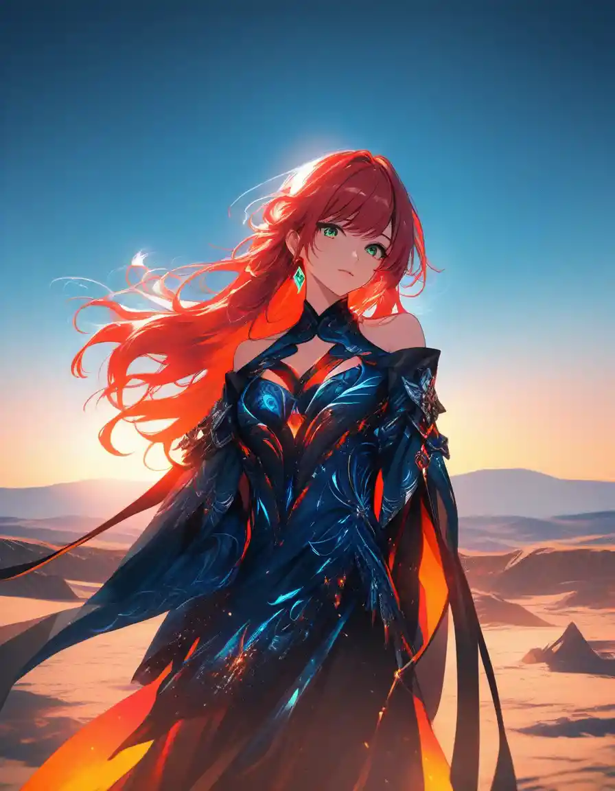 Redhead woman in couture dress at desert sunset