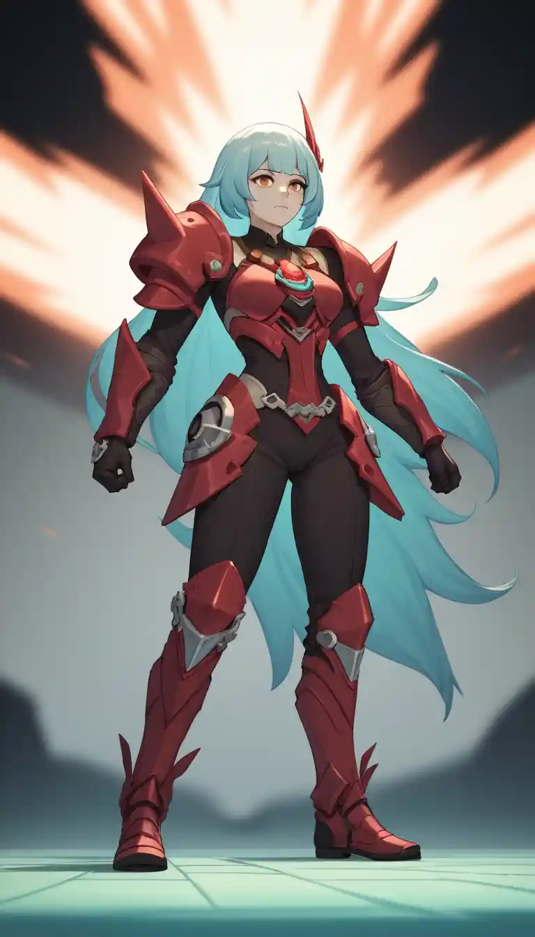 Armored anime heroine posing in a vibrant fantasy world