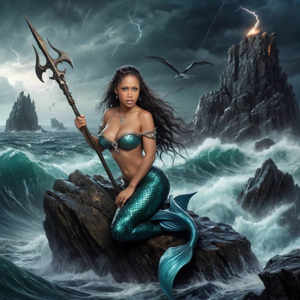Sirena de cabello oscuro con tridente en un océano tormentoso