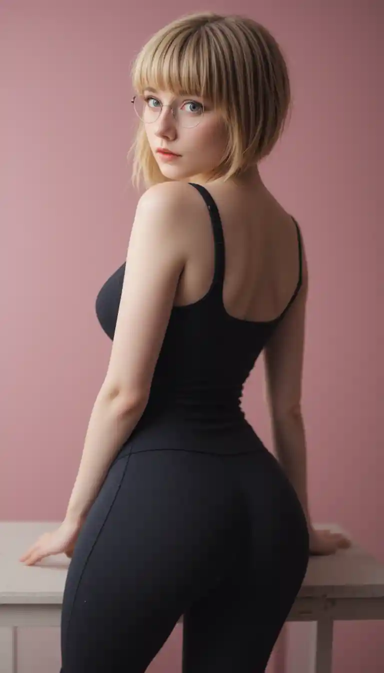 Mujer rubia con gafas inclinándose hacia adelante sobre fondo rosa suave