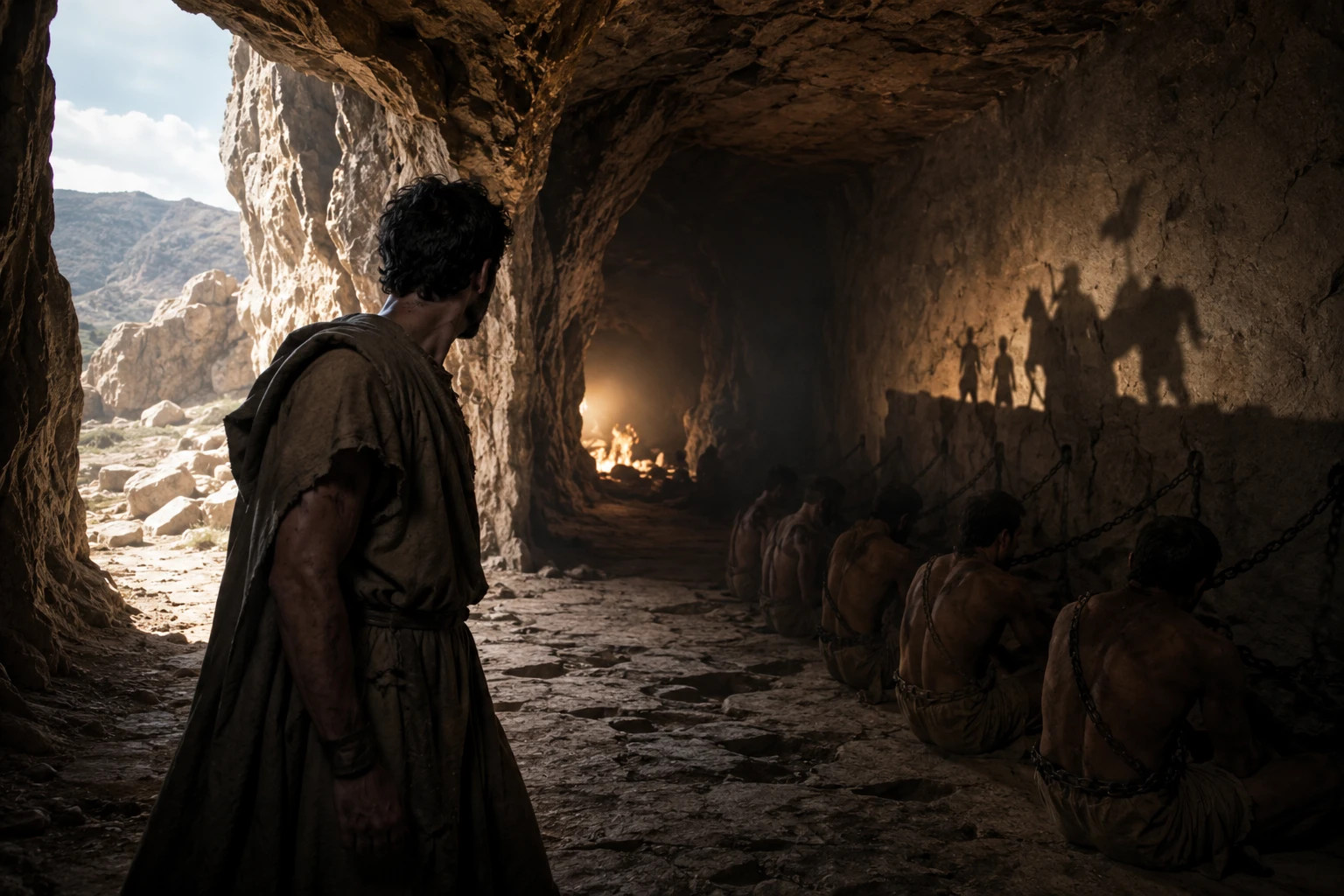 Hombre que escapa de las cadenas de la cueva de Platón mientras otros miran sombras