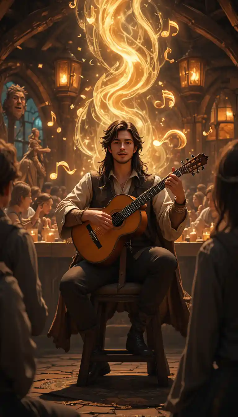 Bardo de fantasía cantando con laúd en una taberna resplandeciente
