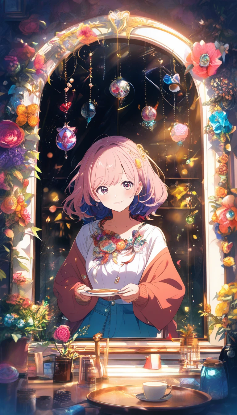 Garota de anime sorridente relaxando em um quarto otaku banhado pelo sol