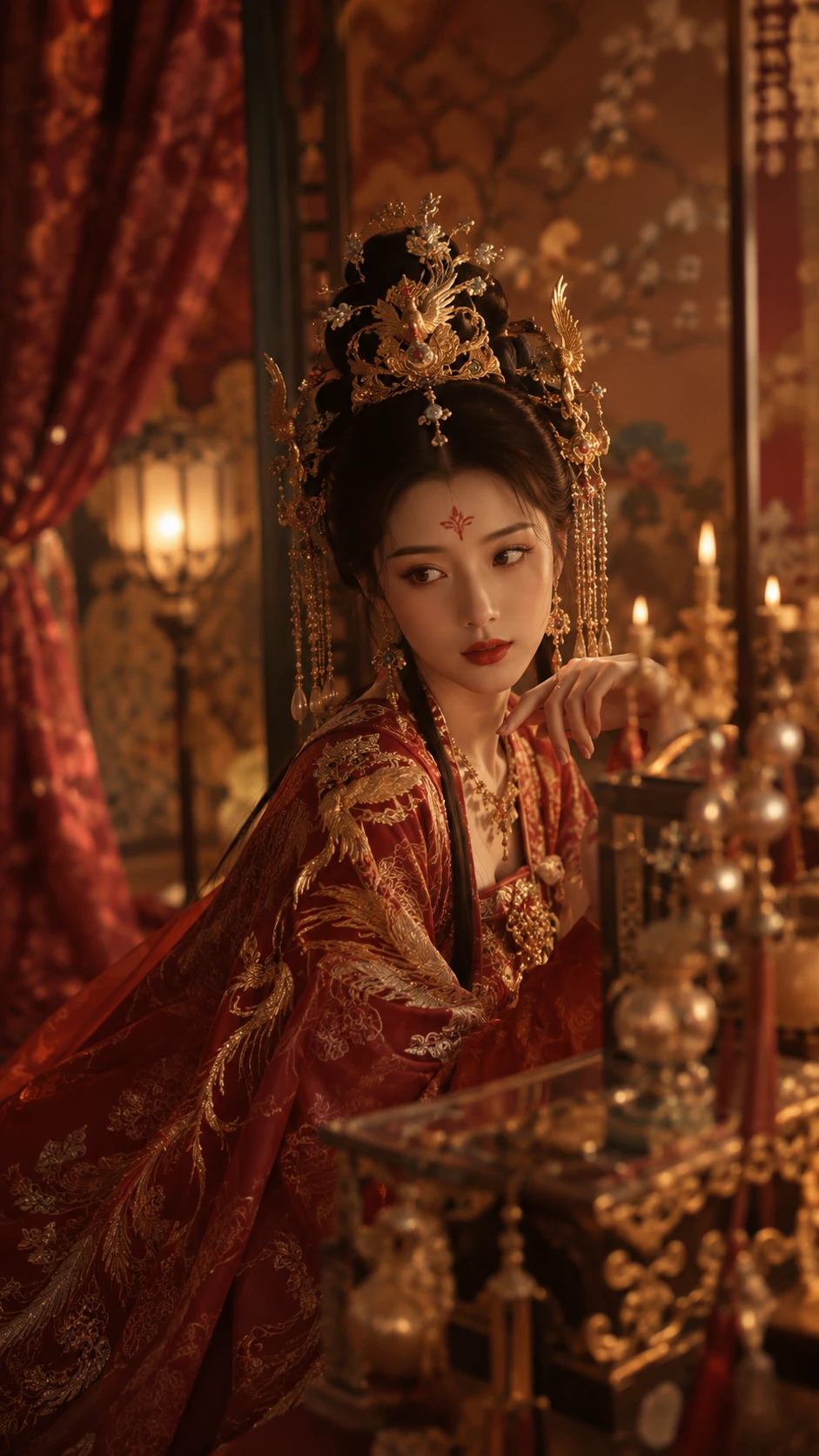 Ancient Chinese noble woman in red phoenix robe