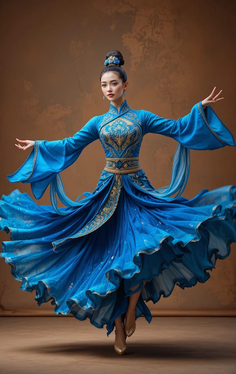 Bailarina chinesa saltando em traje tradicional azul esvoaçante
