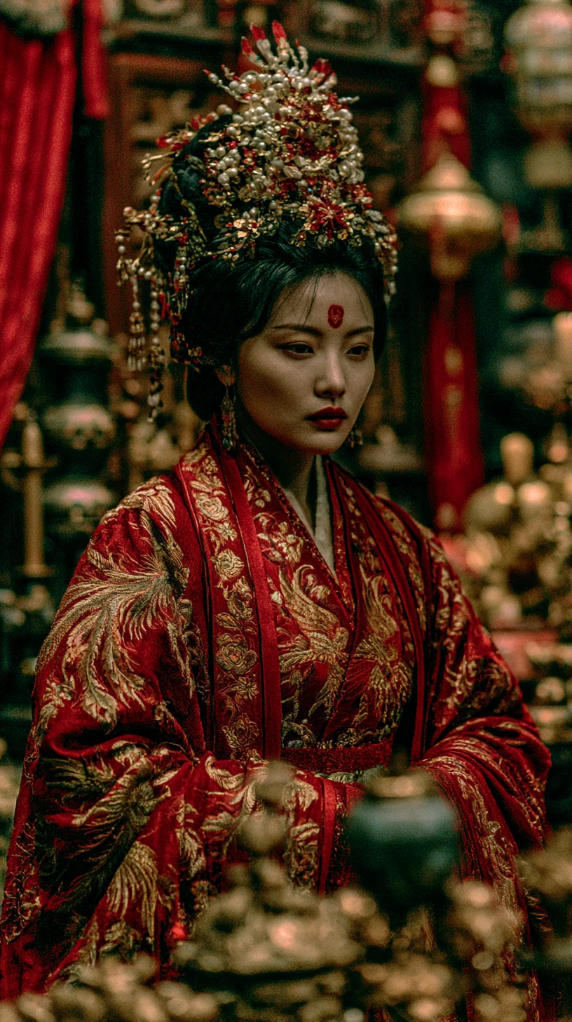Nobre chinesa antiga em seda vermelha sob o brilho do palácio