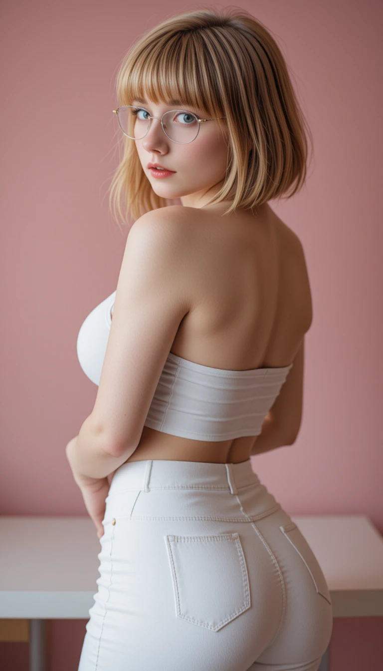 Mujer rubia curvilínea de blanco posando en ángulo bajo