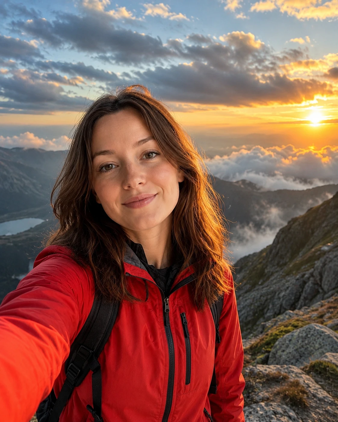 Selfie energico di una donna che fa trekking all’alba in montagna