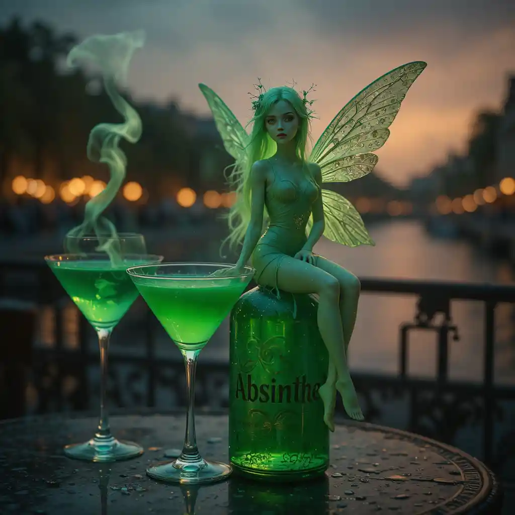 Hada verde de absenta sobre un cóctel brillante en una noche de París