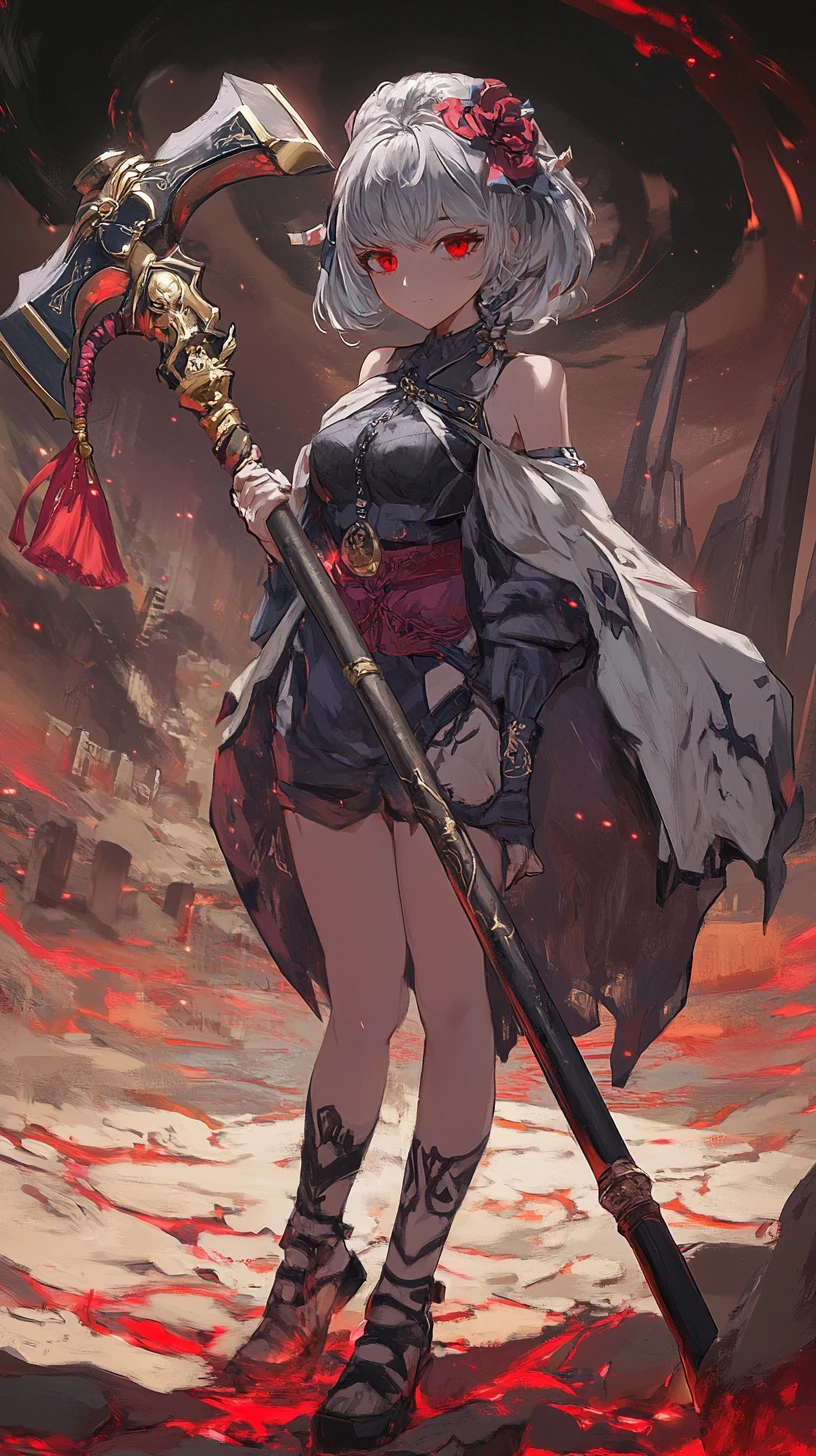 巨大な彫刻ハンマーを構えたアニメの女戦士