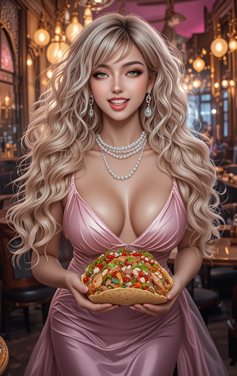 Glamorous blonde woman bending over with taco in restaurant