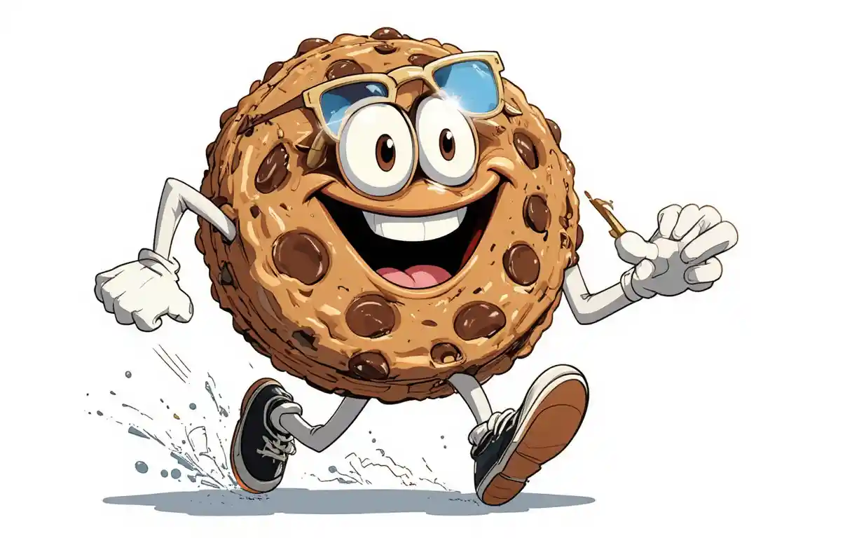 Biscotto cartoon che corre con occhiali da sole e guanti