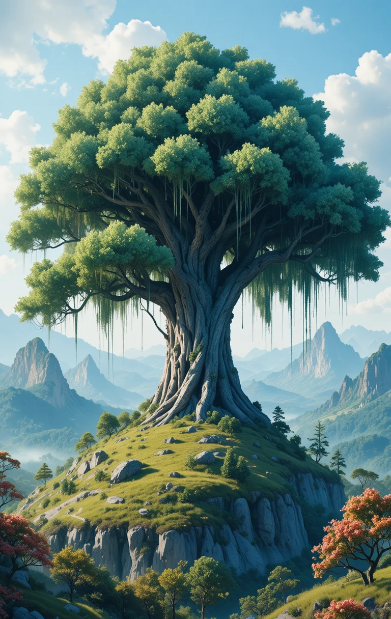 Maestoso albero gigante su una collina smeraldo da sogno