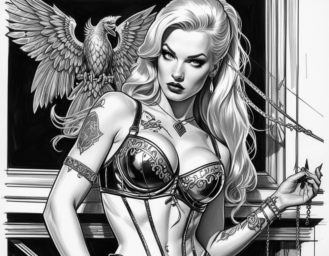 Artista pin-up tatuada loira platinada em estúdio tipo loft