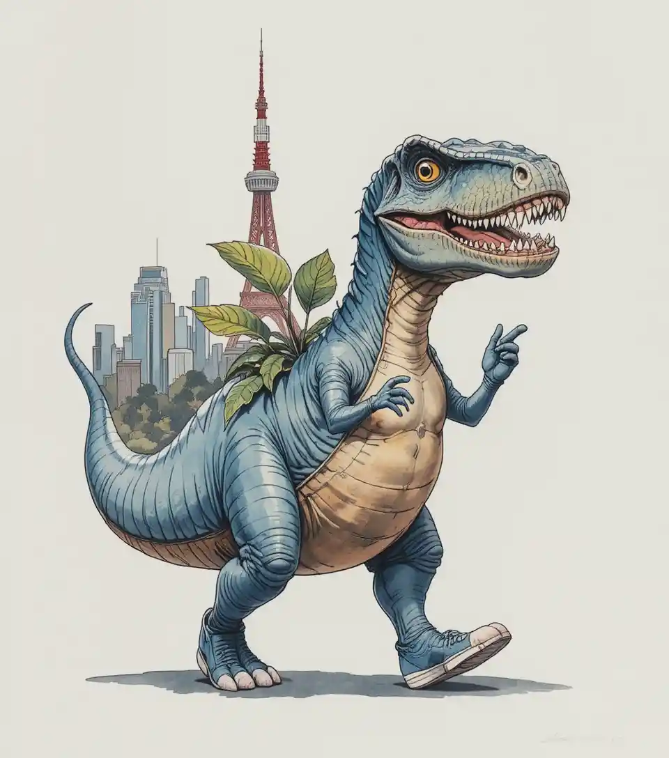 Graphic teal and red tyrannosaurus rex over stylized city