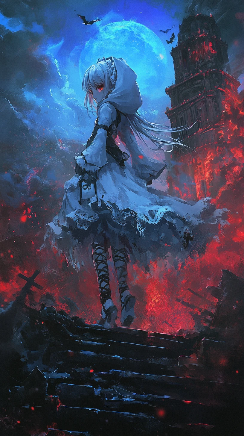 Chica de anime subiendo escaleras de piedra sobre un mar de llamas azules