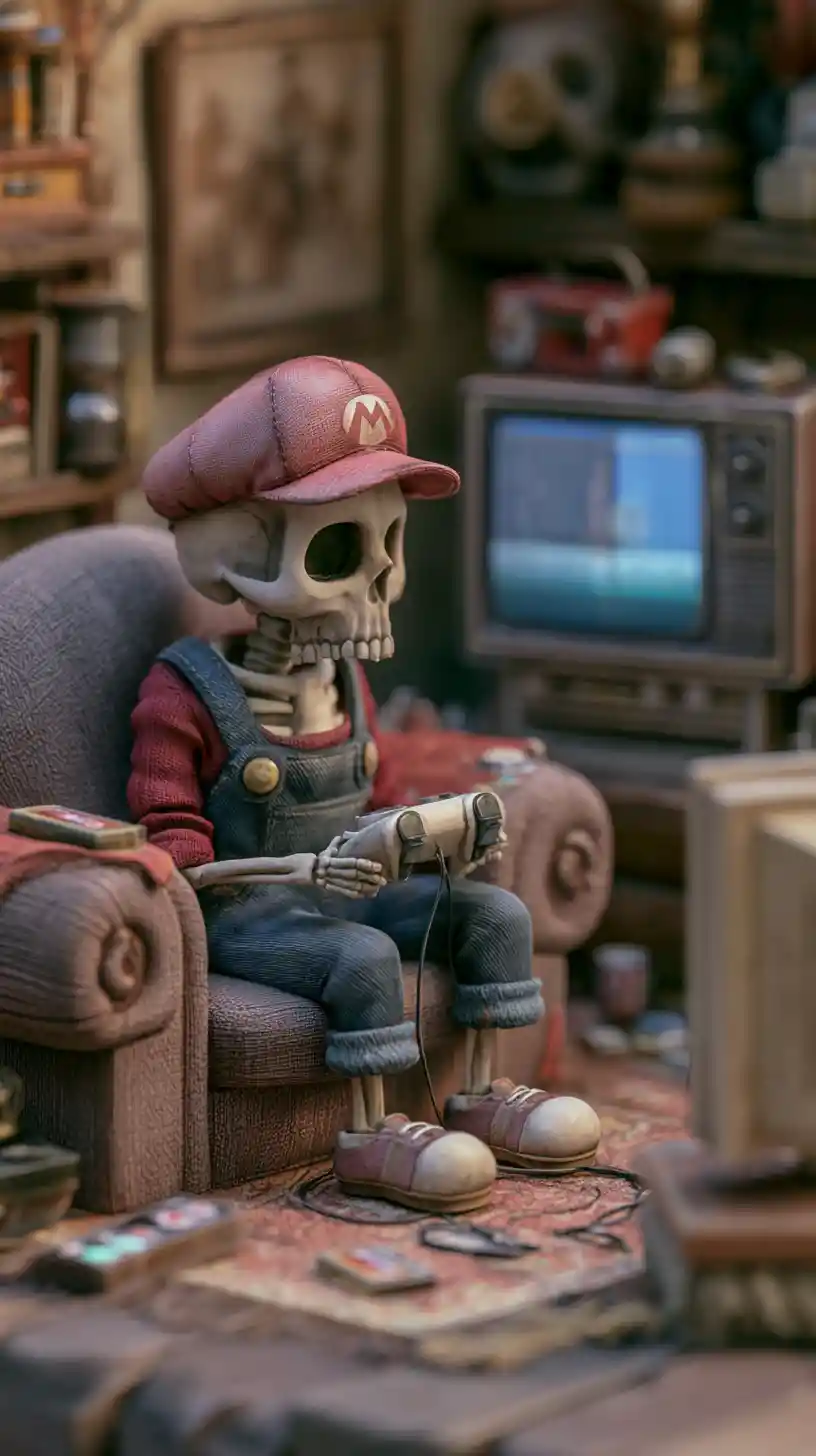 Esqueleto chibi jugando a un videojuego en una acogedora sala de estar