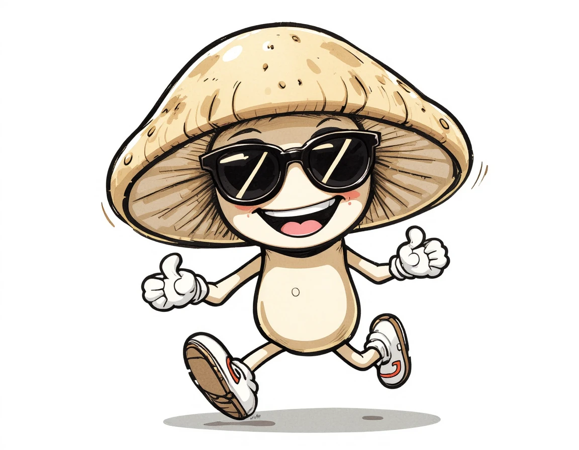 Personaje de hongo retro corriendo con una gran sonrisa alegre