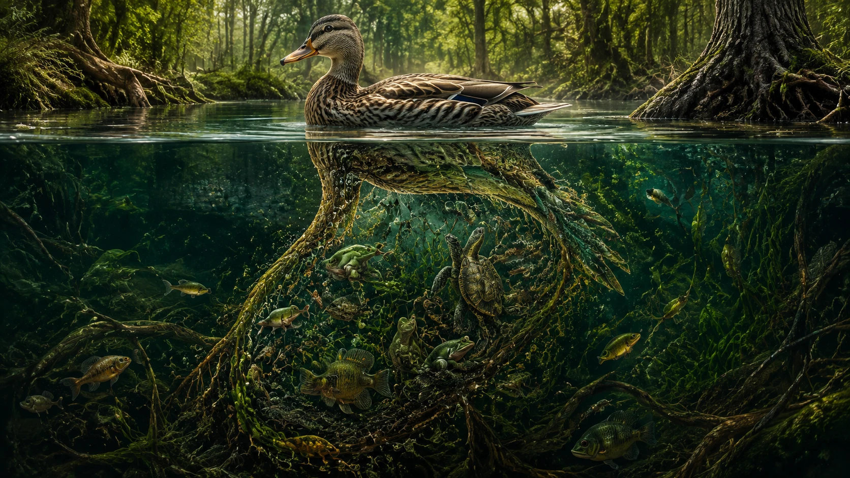 Ente auf einem Fluss, der eine verborgene Unterwasserwelt teilt
