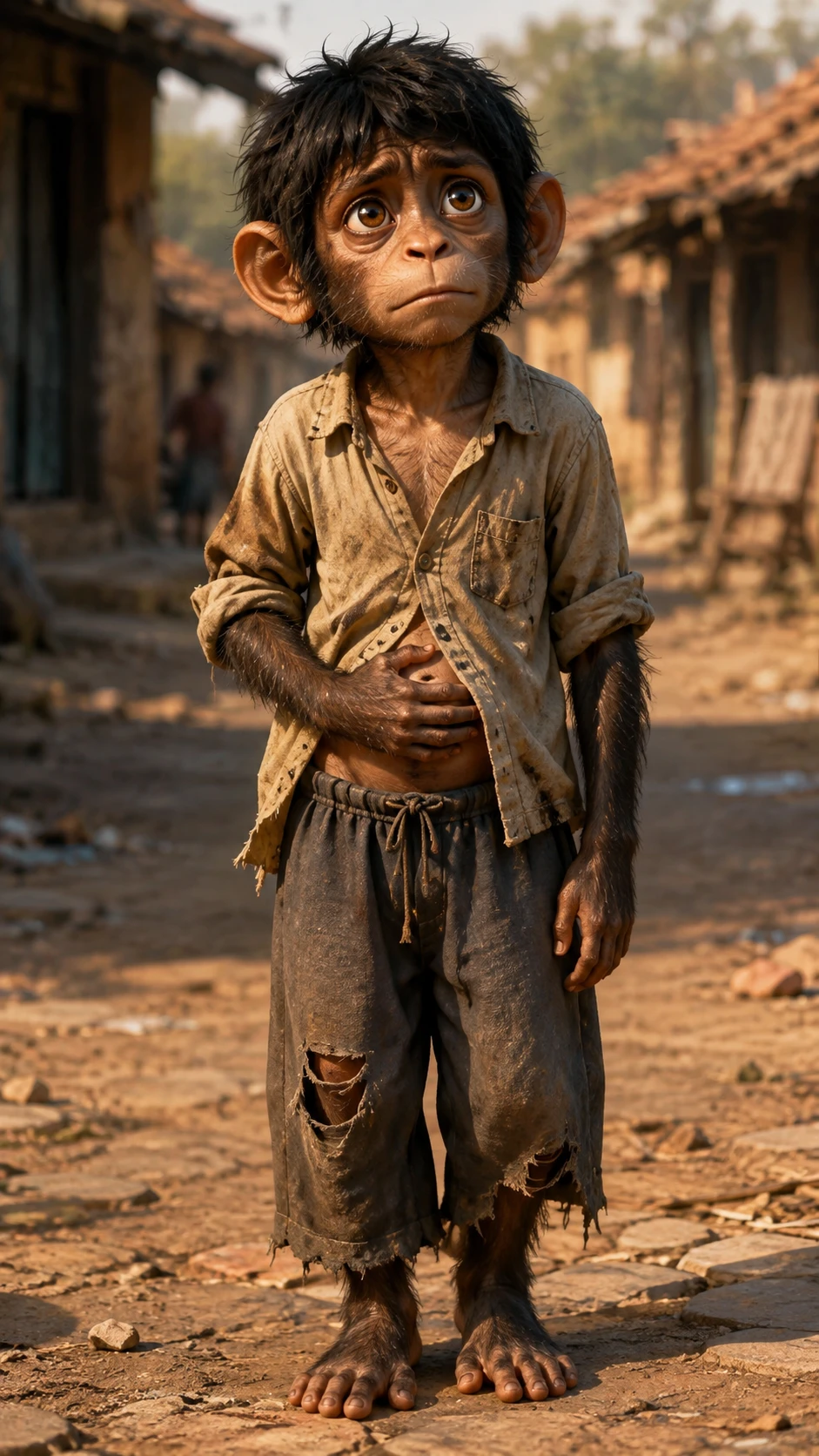Niño mono indio antropomórfico sujetando su estómago hambriento
