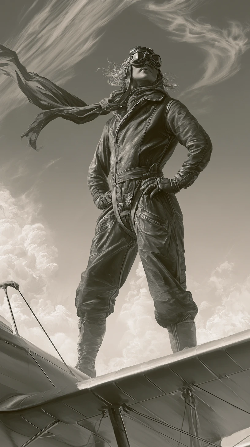 Piloto de la Primera Guerra Mundial de pie sobre el ala de un biplano