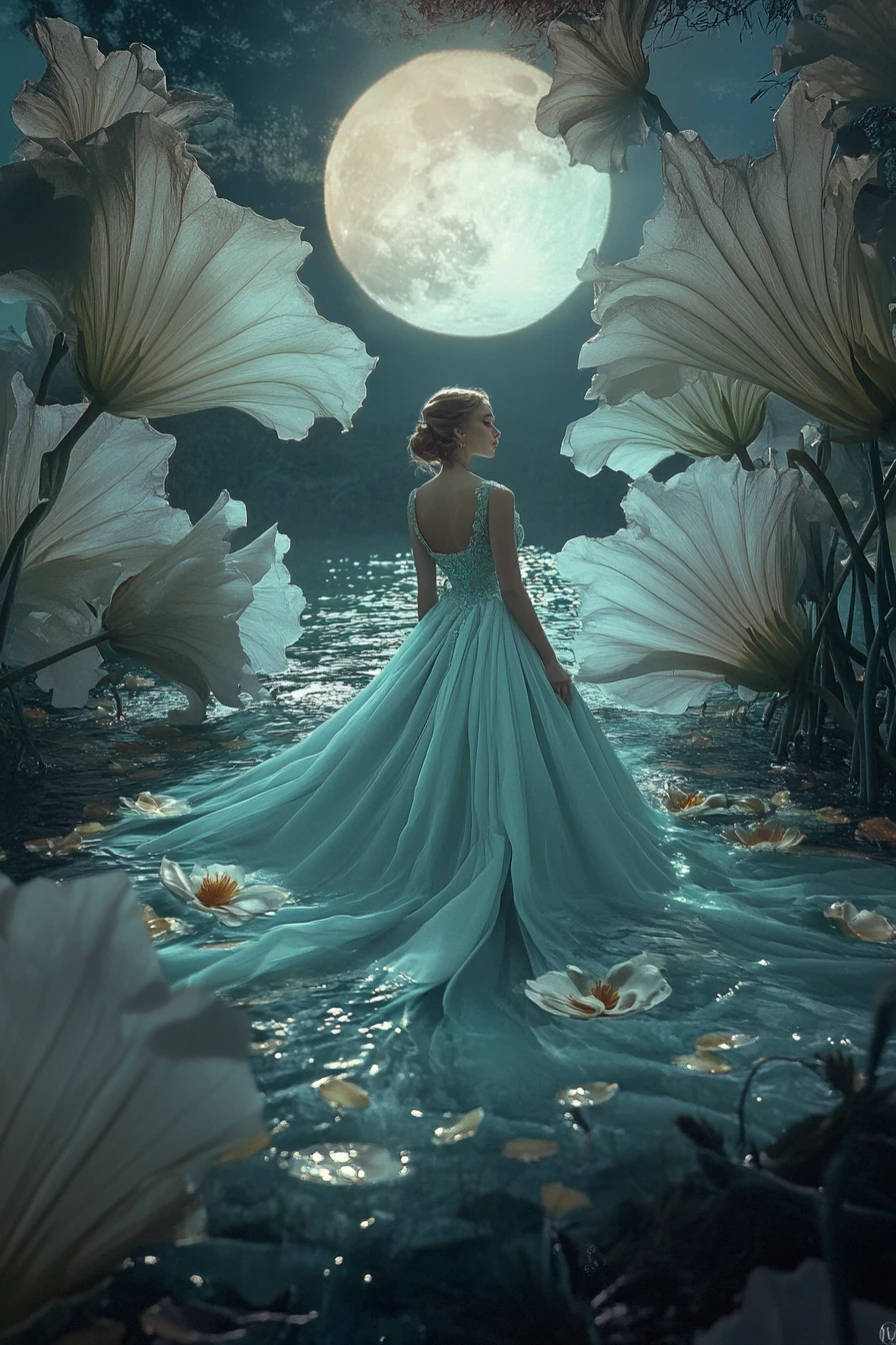 Elegant woman in blue gown gliding across moonlit lake