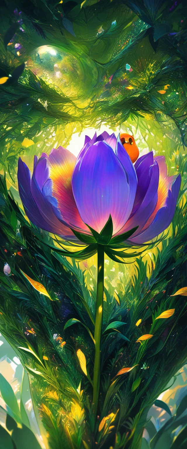 Colibrí alimentándose de una tulipán morado en un jardín soleado