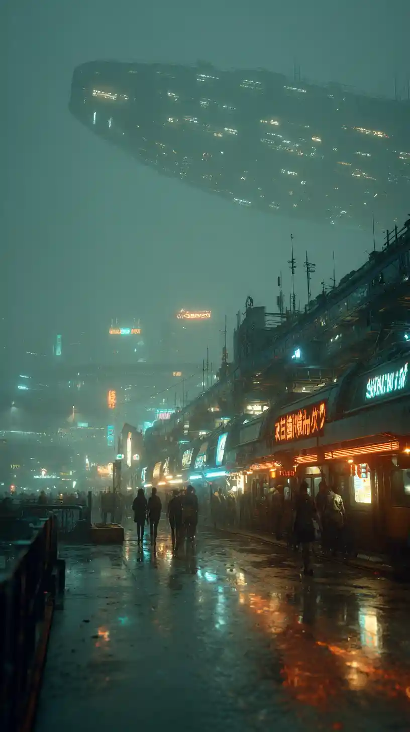 Mujer cyberpunk caminando junto a un mecha gigante destruido