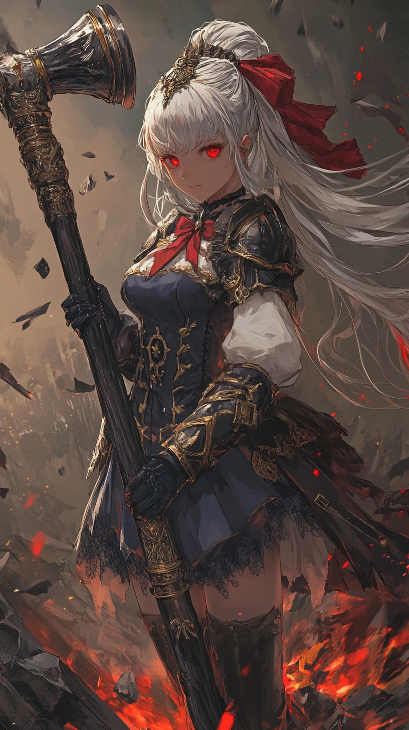 Guerrera anime apoyando un enorme martillo sobre el hombro