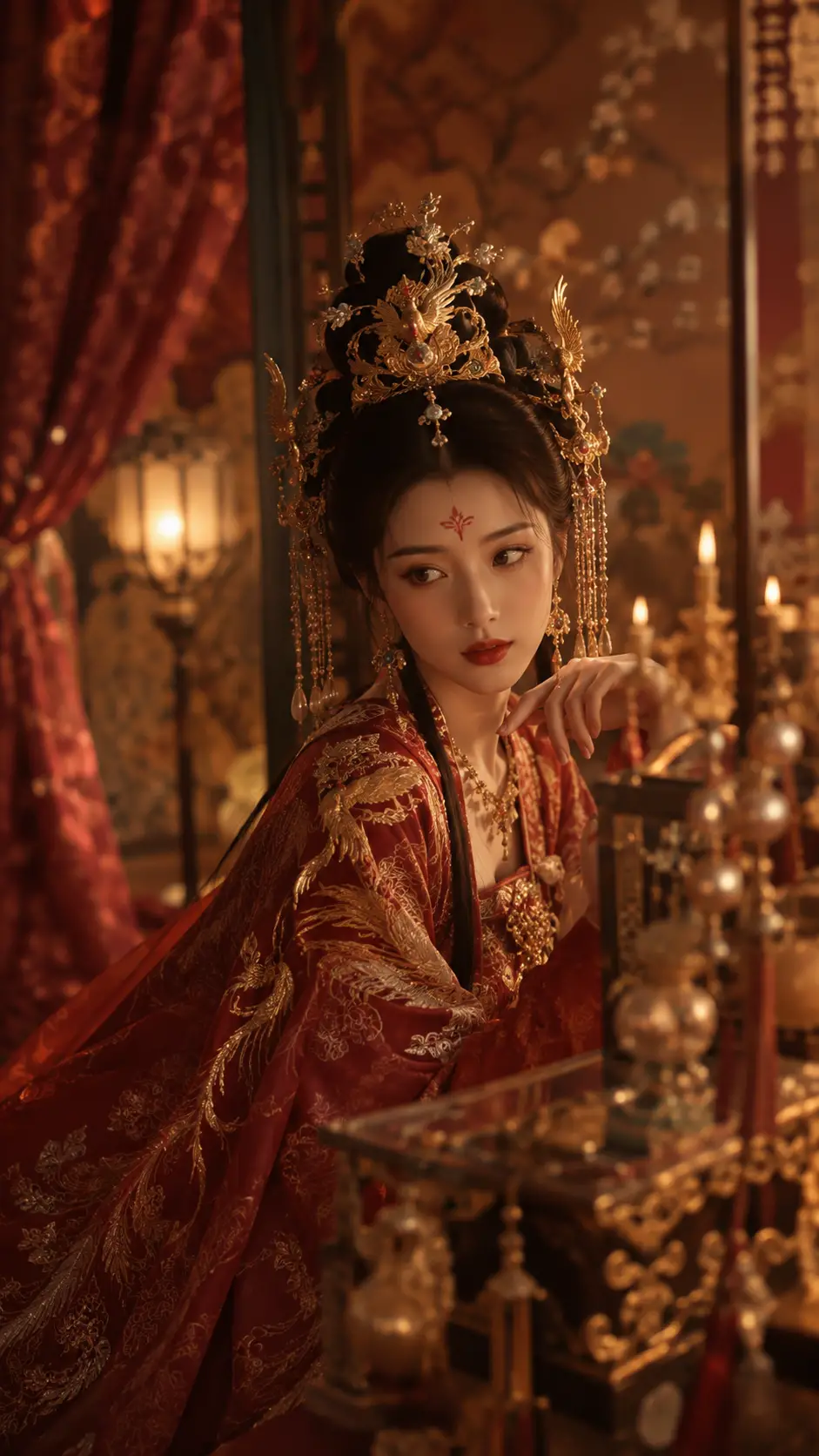 Ancient Chinese noble woman in red phoenix robe