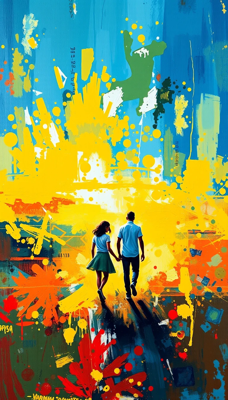 Pareja abrazada emergiendo de pintura pastel abstracta y luminosa