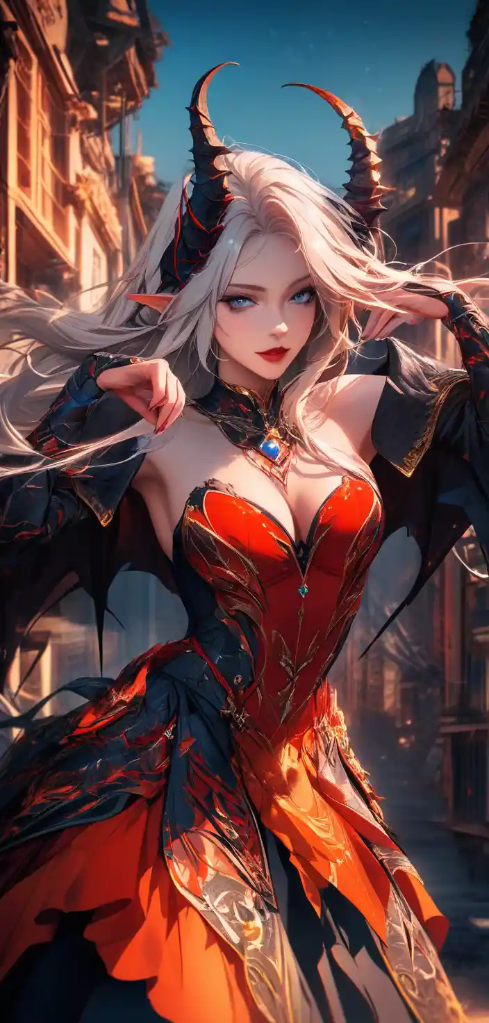 Mujer tiefling con cuernos y alas en el atardecer del desierto