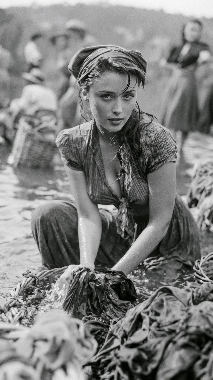 Beautiful Spanish woman washing clothes by the riverbank