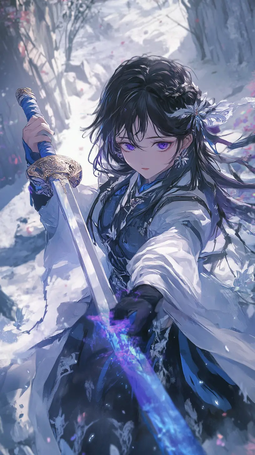 Crystal armored anime warrior girl with sword in ruins