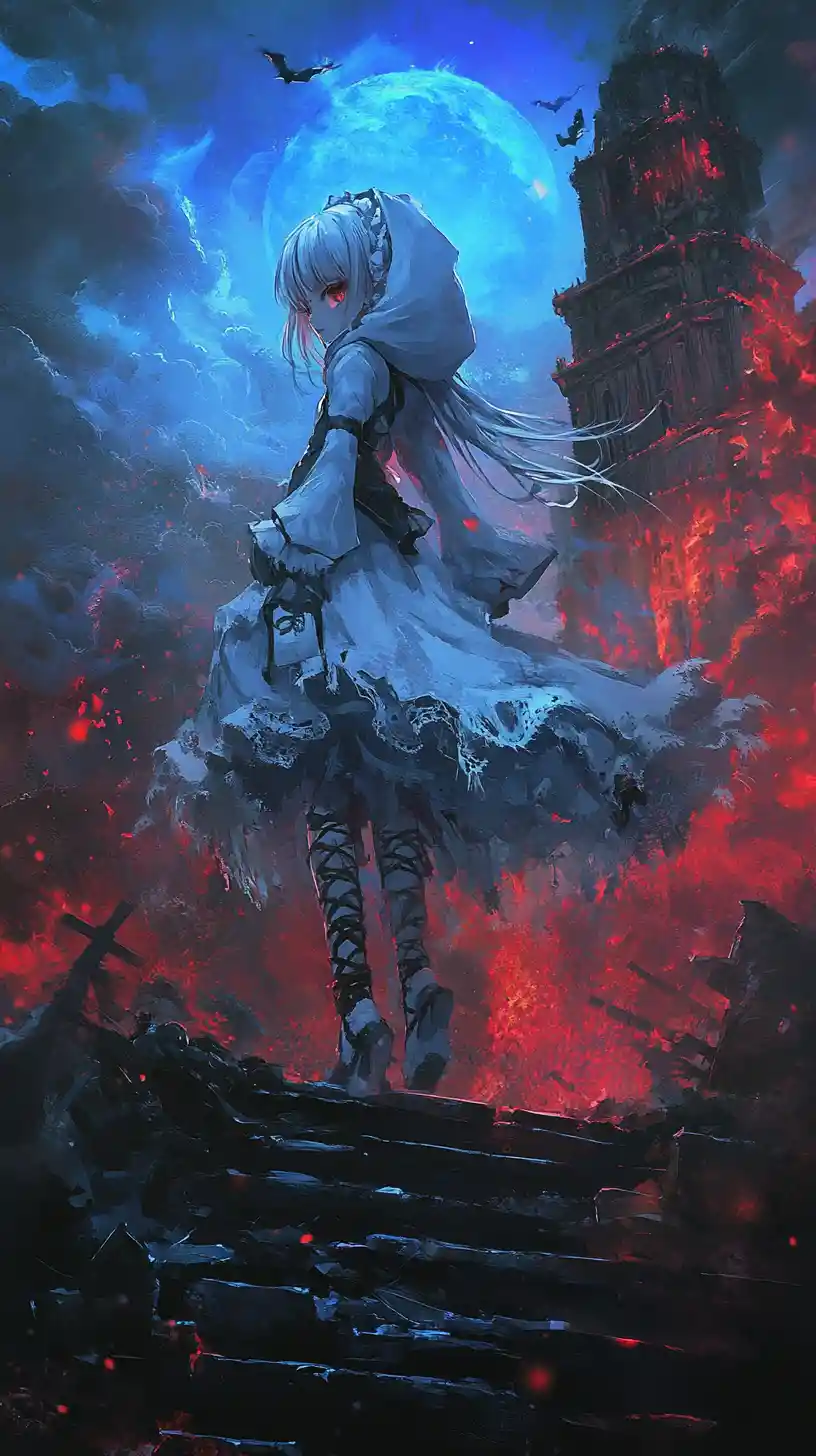 Chica de anime subiendo escaleras de piedra sobre un mar de llamas azules