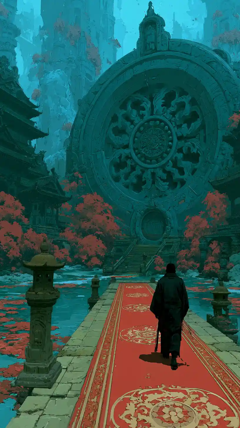 Colorful sci fi stargate in a detailed underground chamber