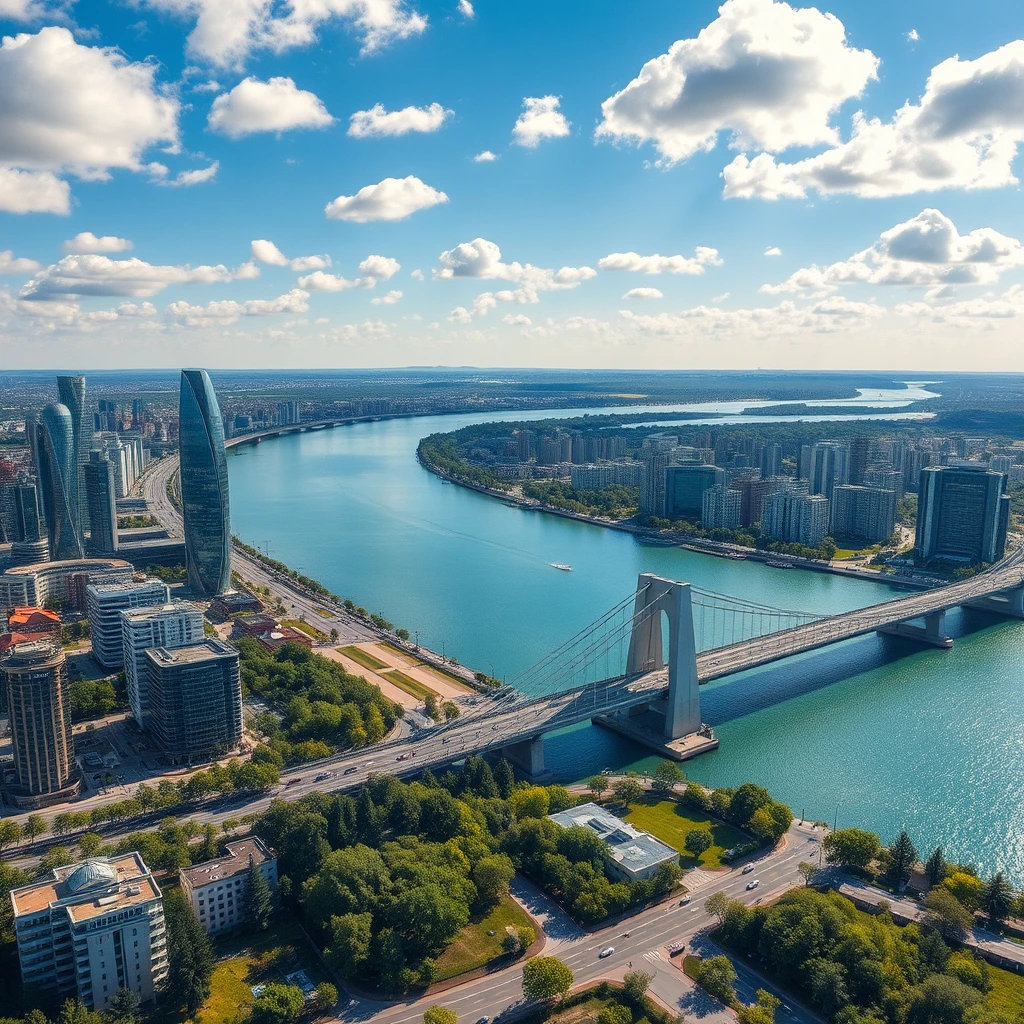 Paisaje urbano moderno junto al río con rascacielos azules y puente