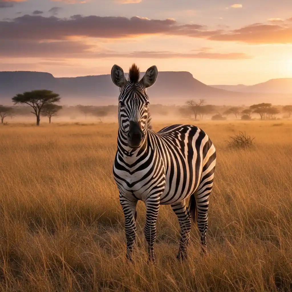 Stolzes Zebra steht allein im goldenen Gras der afrikanischen Savanne