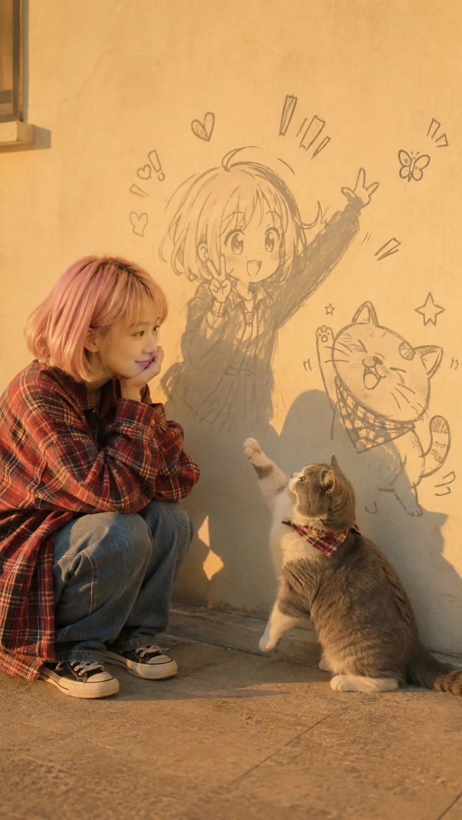 Ragazza anime con gatto nella calda luce solare minimalista