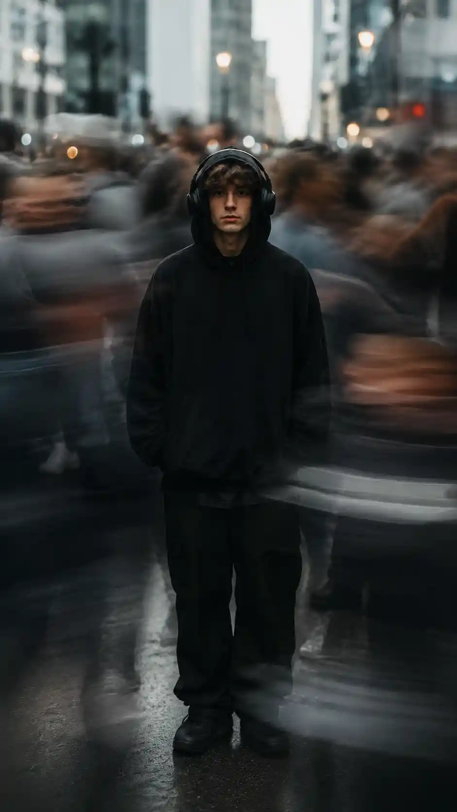 Young man standing still amid a rushing urban crowd