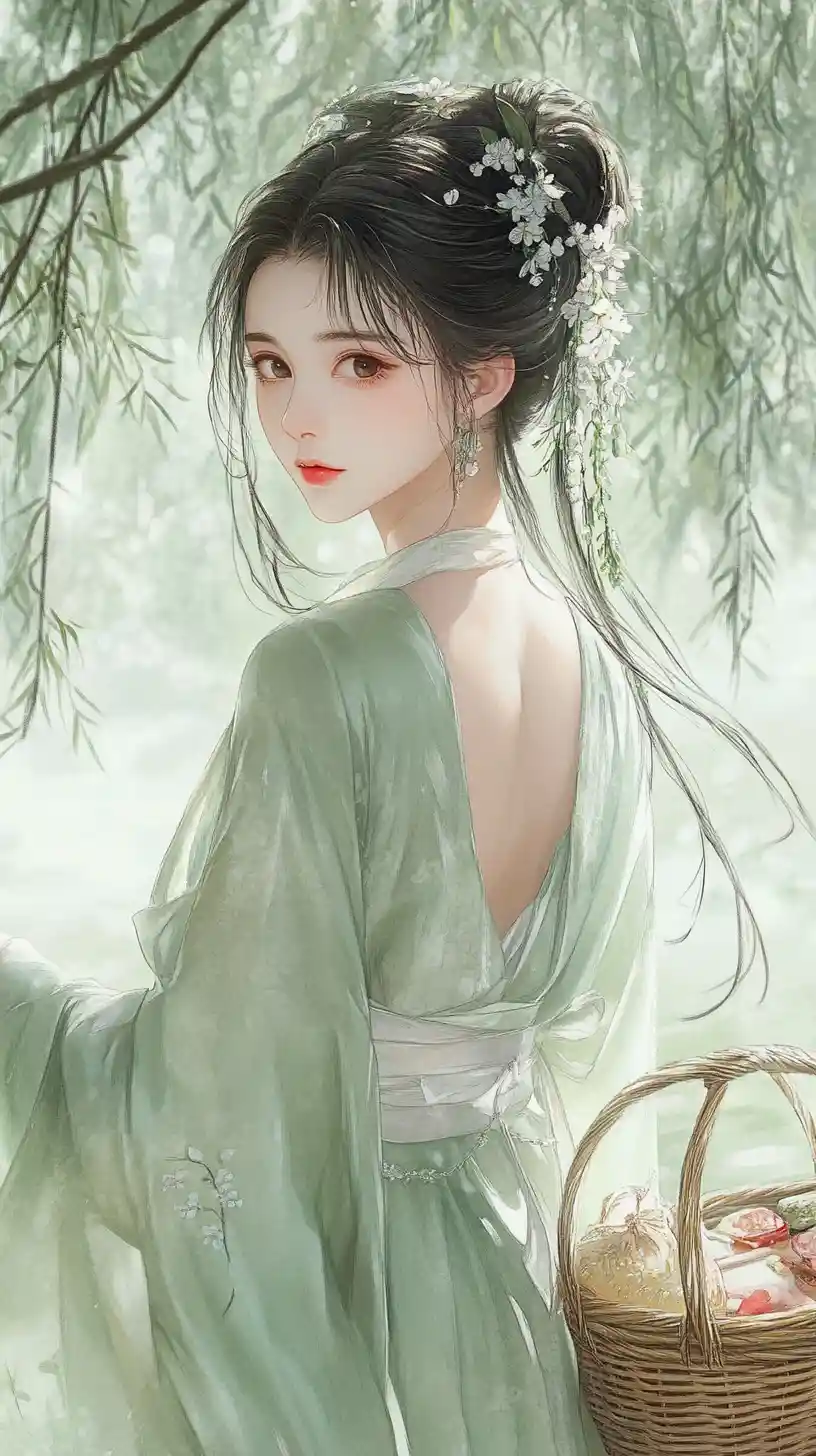 Garota de anime em hanfu verde caminhando por um prado de primavera