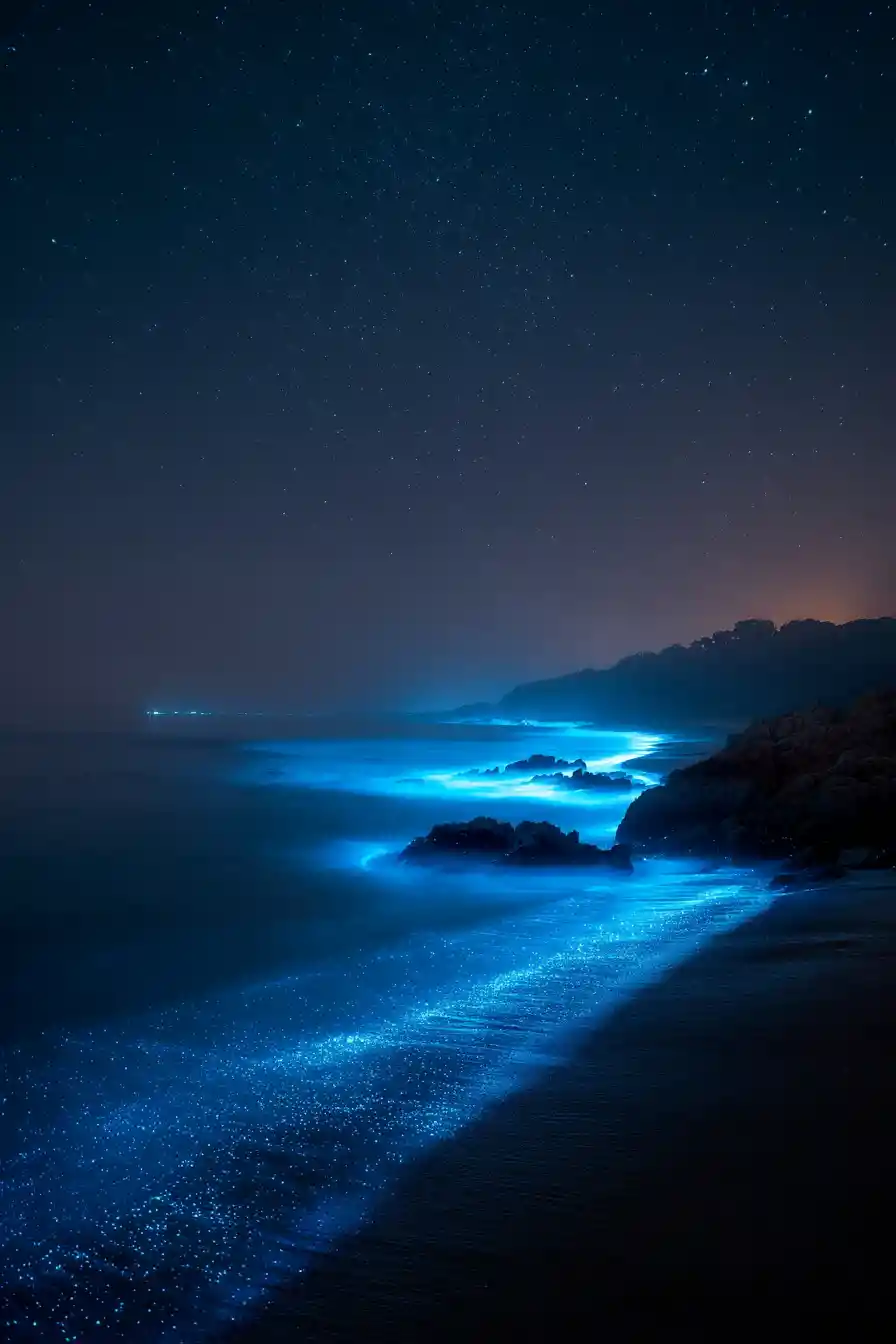Onde bioluminescenti luminose lungo una tranquilla costa notturna