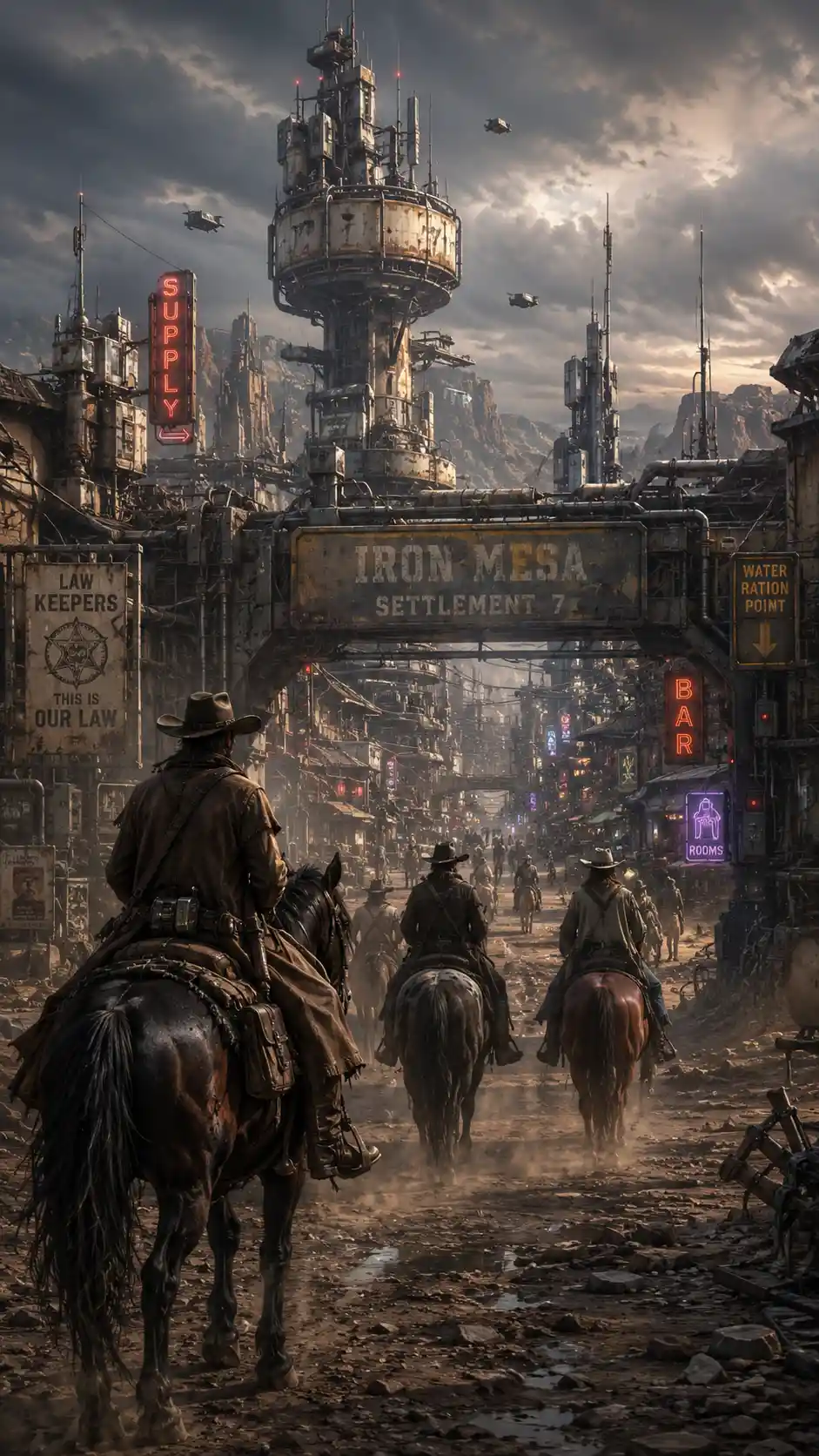 Cowboys Cabalgan Hacia una Remota Ciudad Fronteriza Futurista