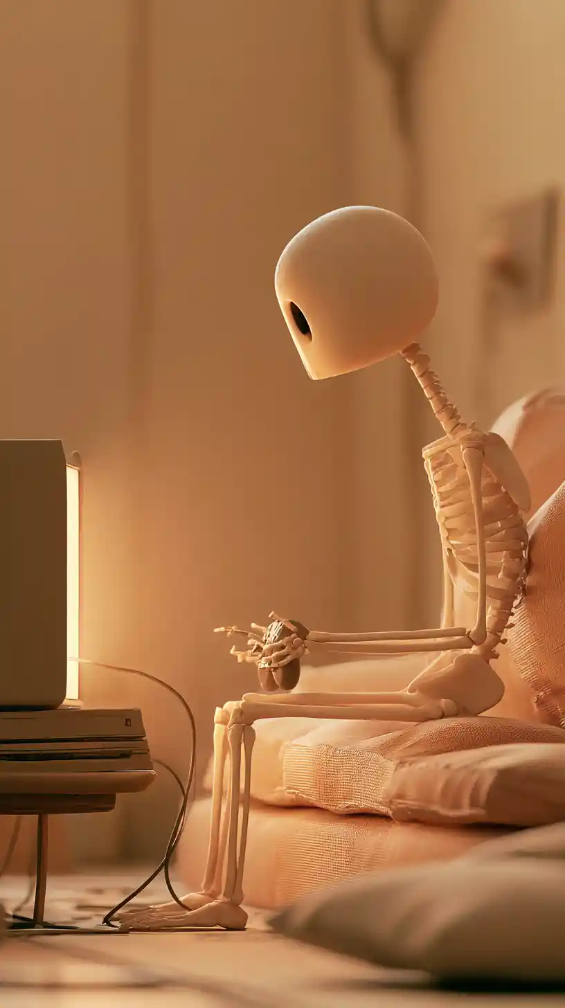 Minimalist Skeleton Figurine Gaming In Cozy Living Room