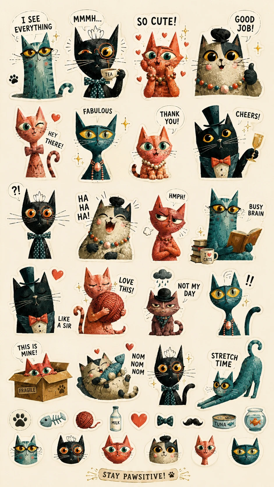 Chibi-Katzen-Reaktions-Stickerbogen mit niedlichen englischen Sprüchen