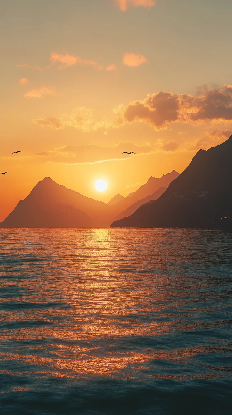 Nascer do sol tranquilo sobre o mar e uma distante cadeia de montanhas